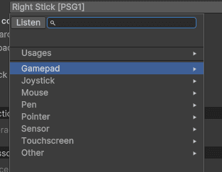 Unity Input System menu showing PSG1 option
